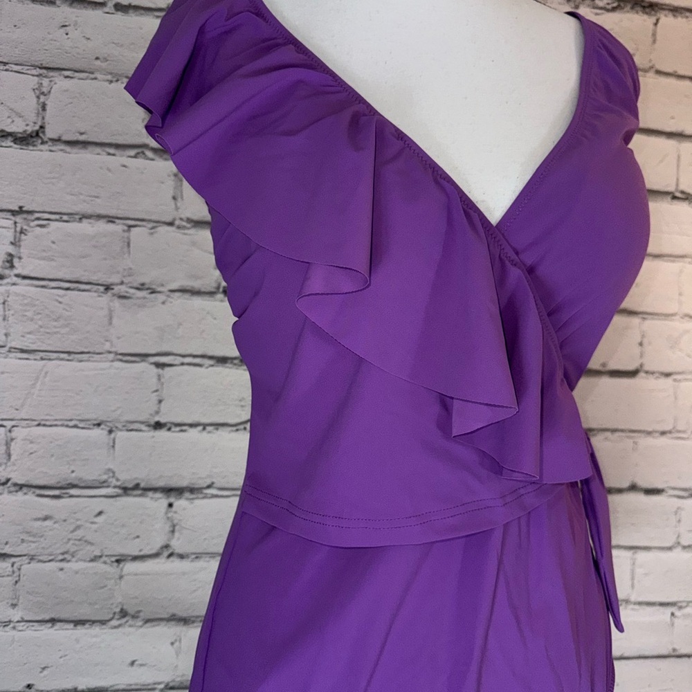 Profile By Gottex Purple Tutti Frutti V Neck Ruffle One Piece Swimsuit Size 16 - Picture 4 of 9